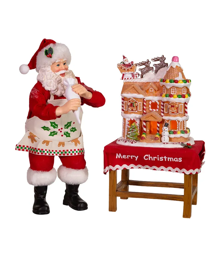 Kurt S- Adler - 10-5" Fabriche Battery-Operated Santa With Gingerbread Houses 2-Piece Set