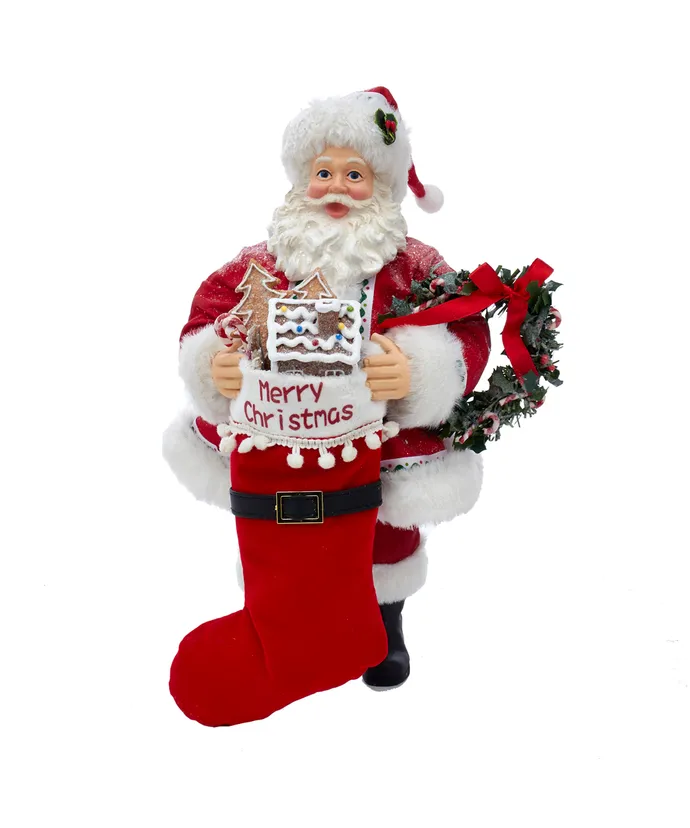 Kurt S- Adler - 10-5" Fabriche Gingerbread Santa With Stocking and Wreath