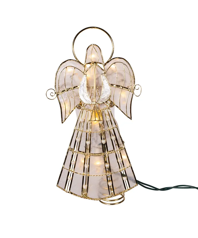 Kurt S. Adler - 9.75" 10-Light LED Capiz Wire & Scroll Angel With Brass Plating Finish Treetop
