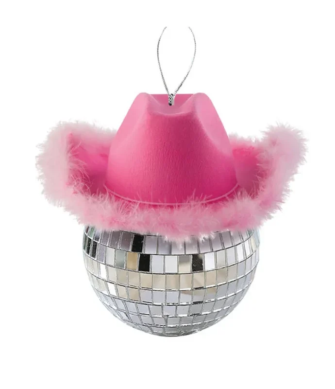 Kurt S. Adler - 60MM Silver Mirror Ball With Pink Cowboy Hat Ornament