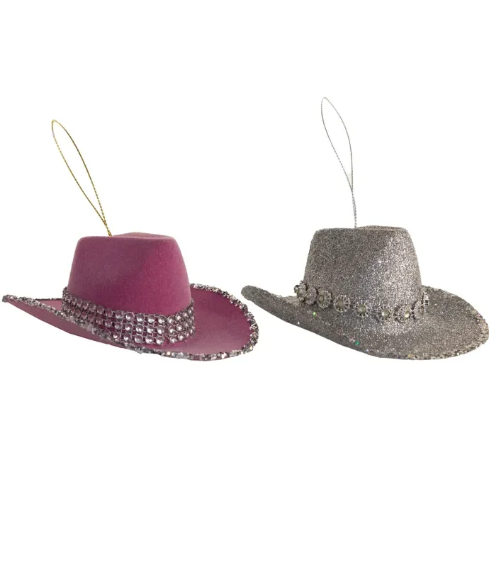 Kurt S. Adler - Pink and Silver Flocked Cowgirl Hat Ornaments, 2 Assorted