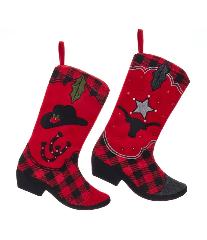 Kurt S. Adler - Plaid Cowboy Boot Felt Stockings, 2 Assorted