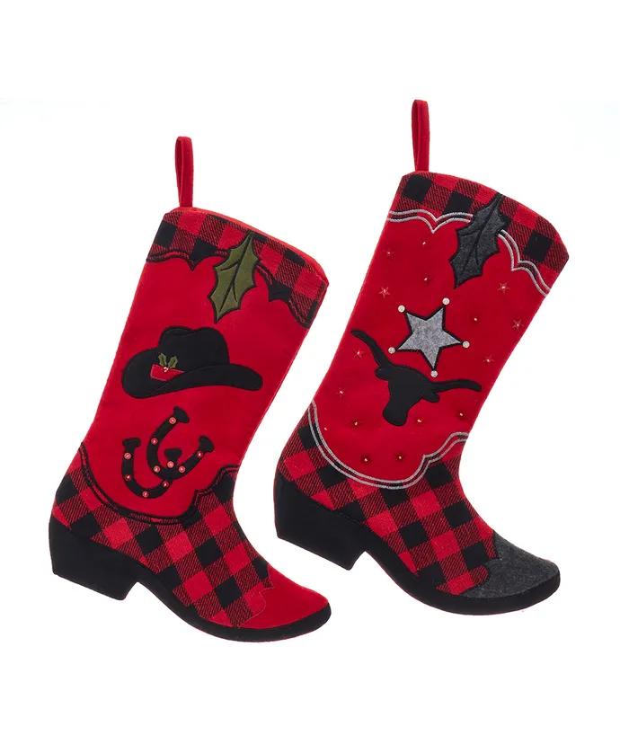 Kurt S. Adler - Plaid Cowboy Boot Felt Stockings, 2 Assorted