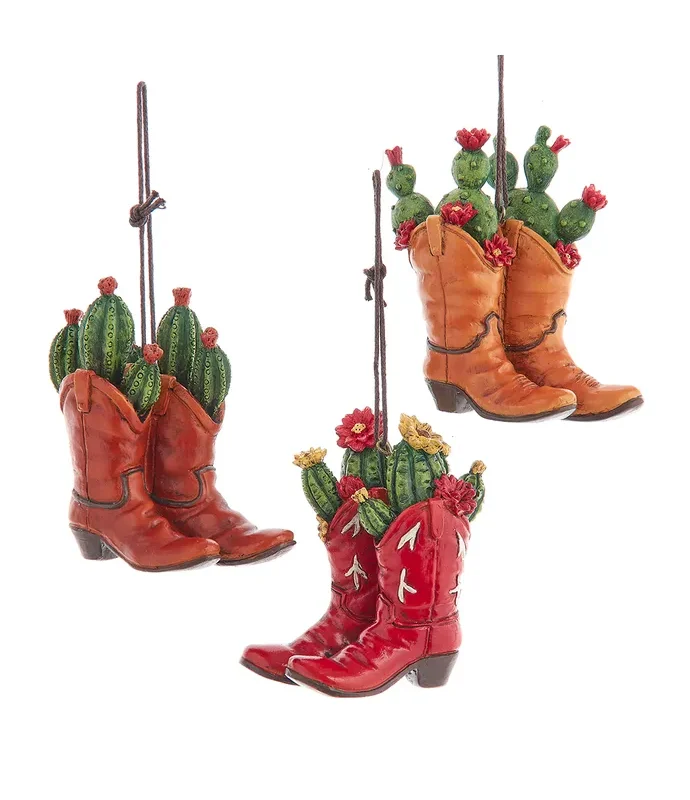 Kurt S. Adler - Western Cowboy Boots With Succulents Ornaments, 3 Assorted
