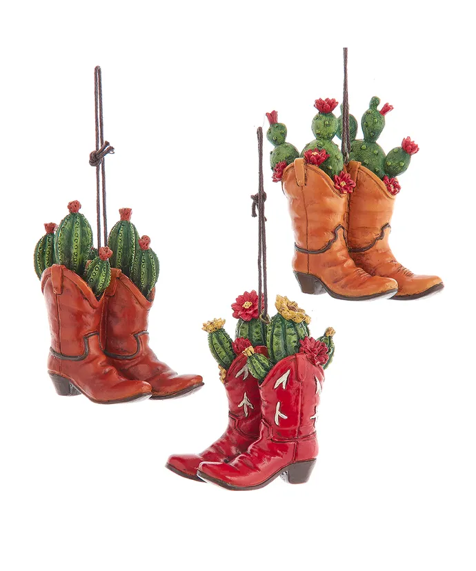 Kurt S. Adler - Western Cowboy Boots With Succulents Ornaments, 3 Assorted