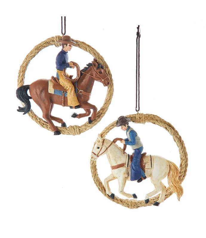 Kurt S. Adler - Western Cowboy Riding Horse With Rope Framed Ornaments, 2 Assorted
