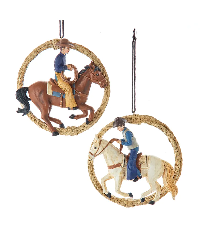 Kurt S. Adler - Western Cowboy Riding Horse With Rope Framed Ornaments, 2 Assorted