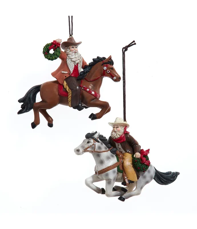 Kurt S. Adler - Western Cowboy Santa Riding Horse Ornaments, 2 Assorted