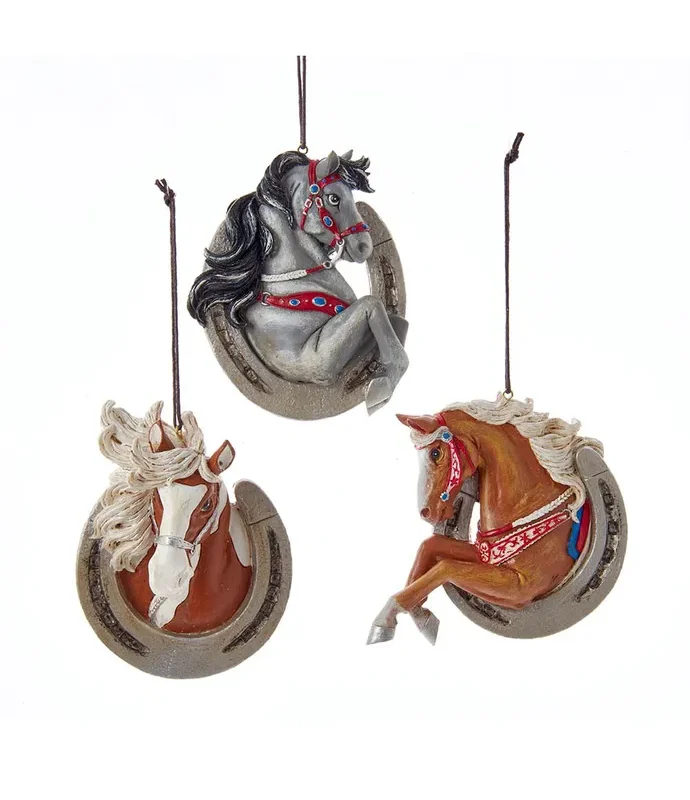 Kurt S. Adler - Western Horseshoe With Horse Ornaments, 3 Assorted