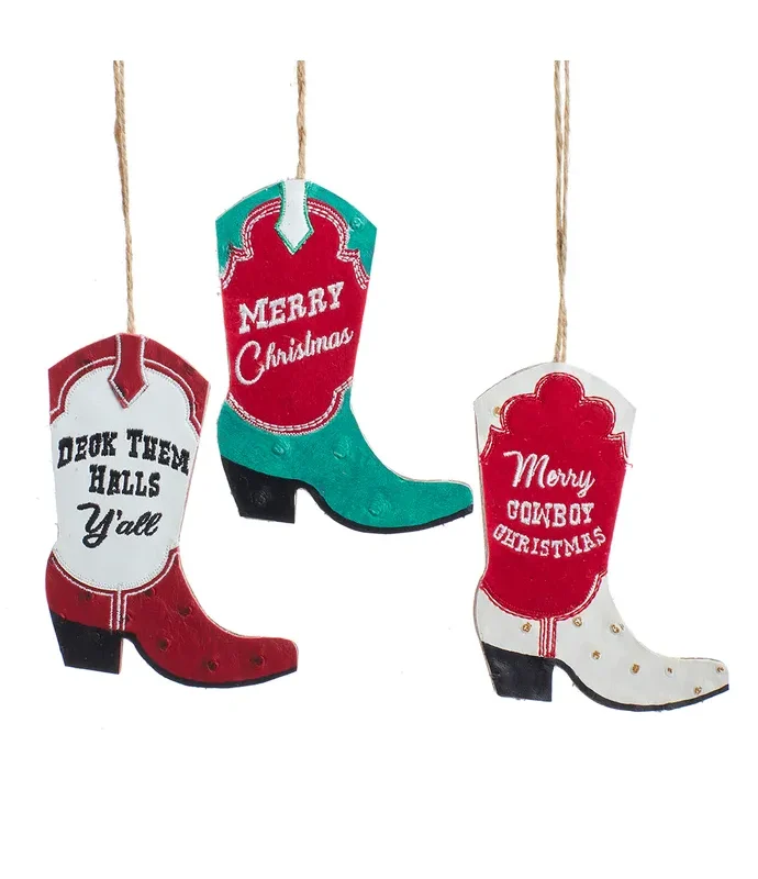Kurt S. Adler - Wooden and Leather Textured Cowboy Boot Ornaments, 3 Assorted
