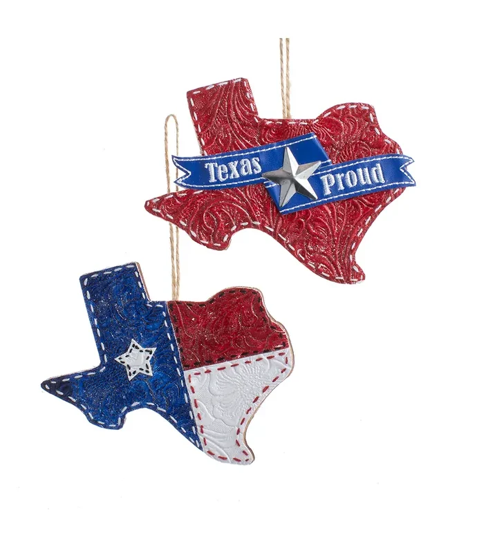Kurt S. Adler - Wooden and Leather Textured Texas Shaped Ornament, 2 Assorted