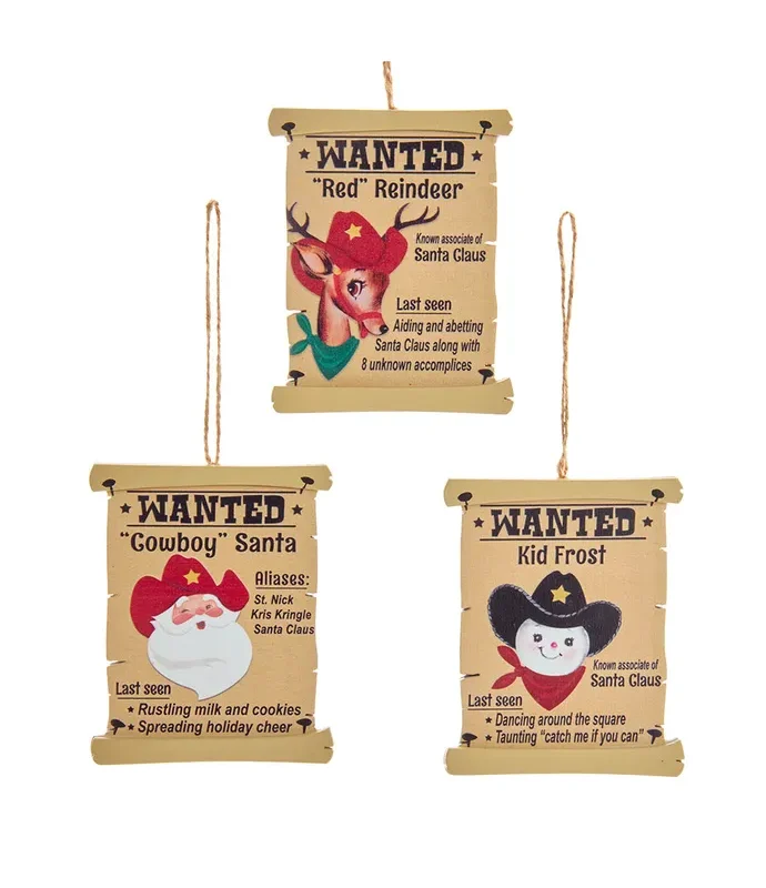 Kurt S. Adler - Wooden "Wanted" Poster Ornaments, 3 Assorted