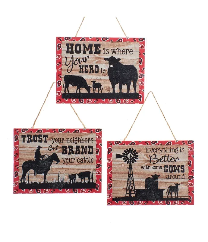 Kurt S. Adler - Wooden Western Cattle Sign Ornaments, 3 Assorted