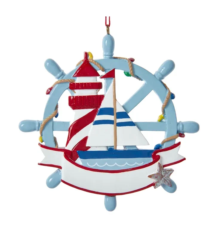 Kurt S. Adler - Nautical Sailboat With Lighthouse Ornament For Personalization