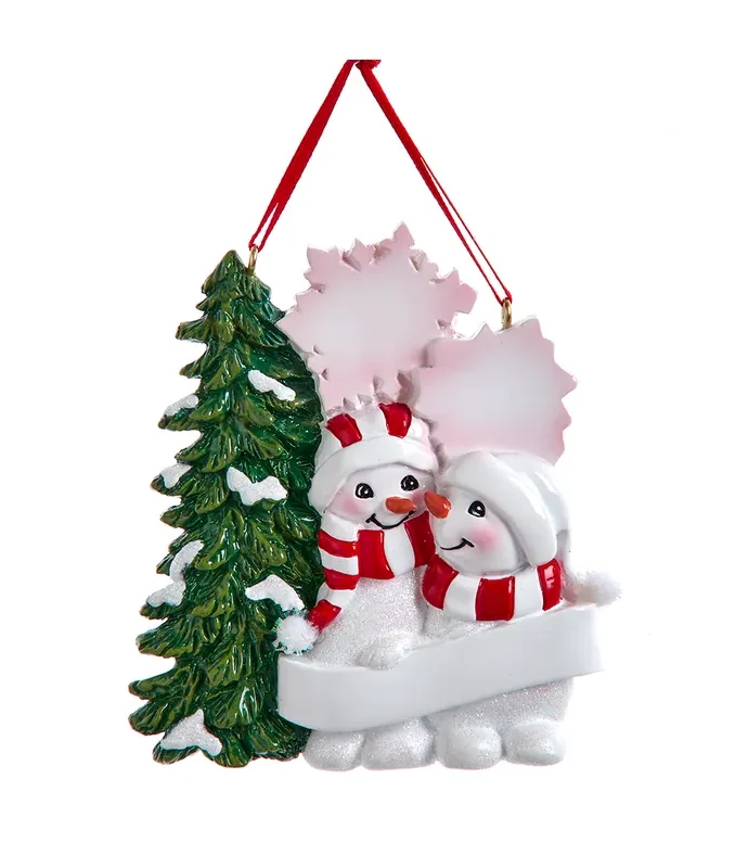 Kurt S. Adler - Snowman Family Of 2 With Snowy Christmas Tree & Snowflakes Ornament For Personalization