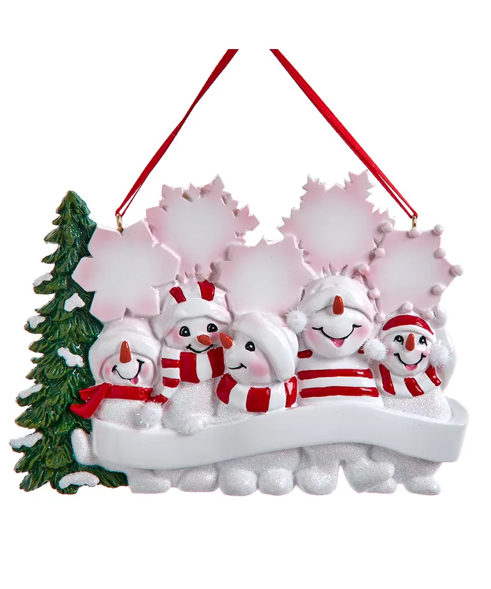 Kurt S. Adler - Snowman Family Of 5 With Snowy Christmas Tree & Snowflakes Ornament For Personalization