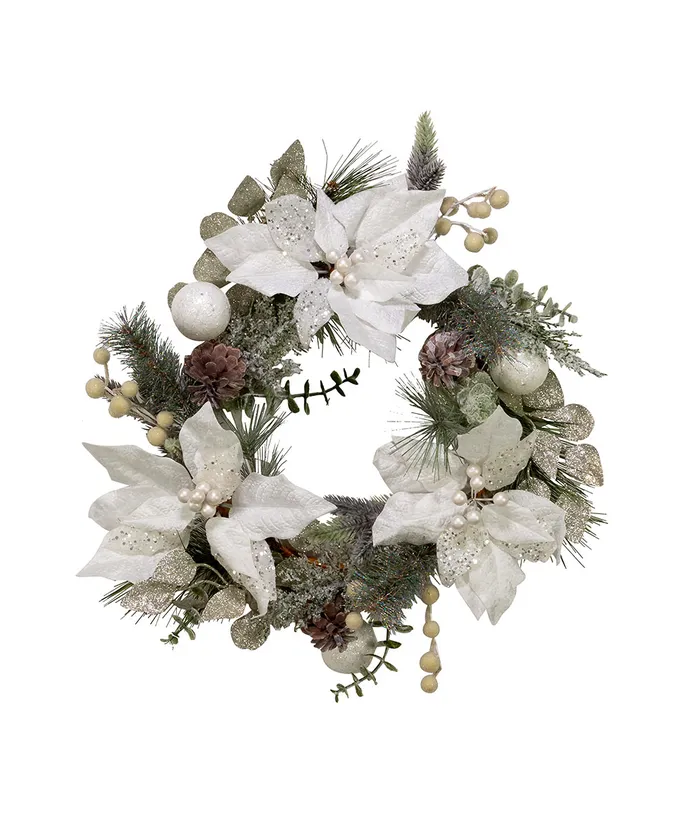 Kurt S. Adler - 20" Un-Lit Decorated White Poinsettia Wreath - Multicolored