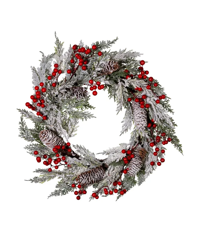 Kurt S. Adler - 20" Un-Lit Flocked Rattan Wreath With Berries - Multicolored