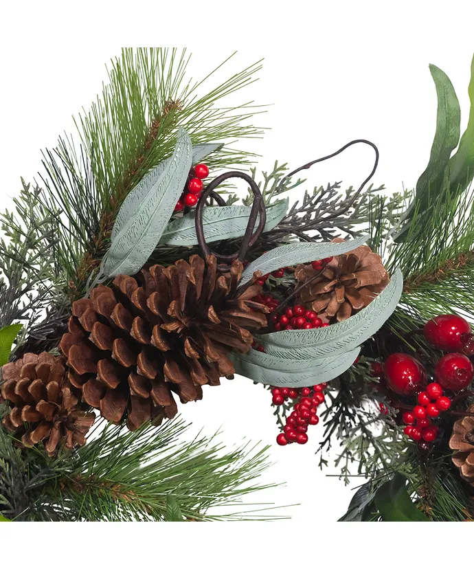 Kurt S. Adler - 20" Un-Lit Red Berries, Green Leaves and Pinecones Wreath - Multicolored - Image 4