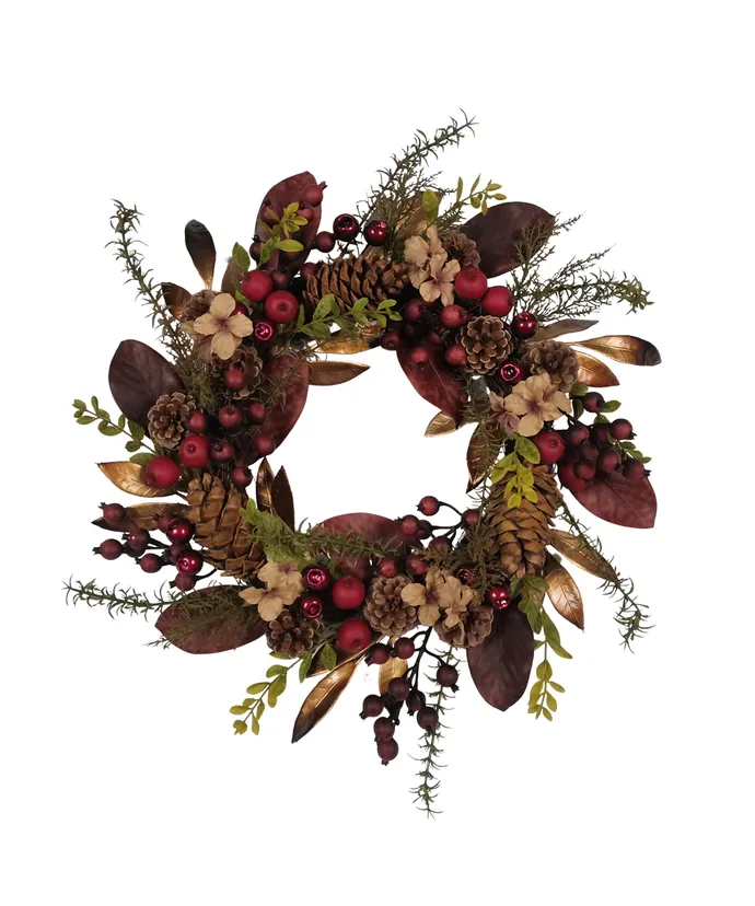 Kurt S. Adler - 24" Un-Lit Berries and Pinecone Burgundy Rattan Wreath - Multicolored