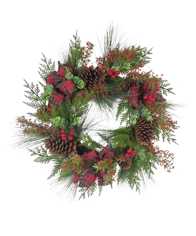 Kurt S. Adler - 24" Un-Lit Berries and Pinecone Ribbon Rattan Wreath - Multicolored