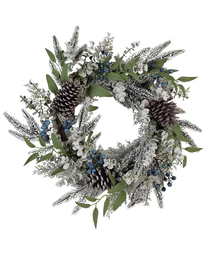 Kurt S. Adler - 24" Un-Lit Decorated Green Flocked Rattan Wreath With Blueberries - Multicolored
