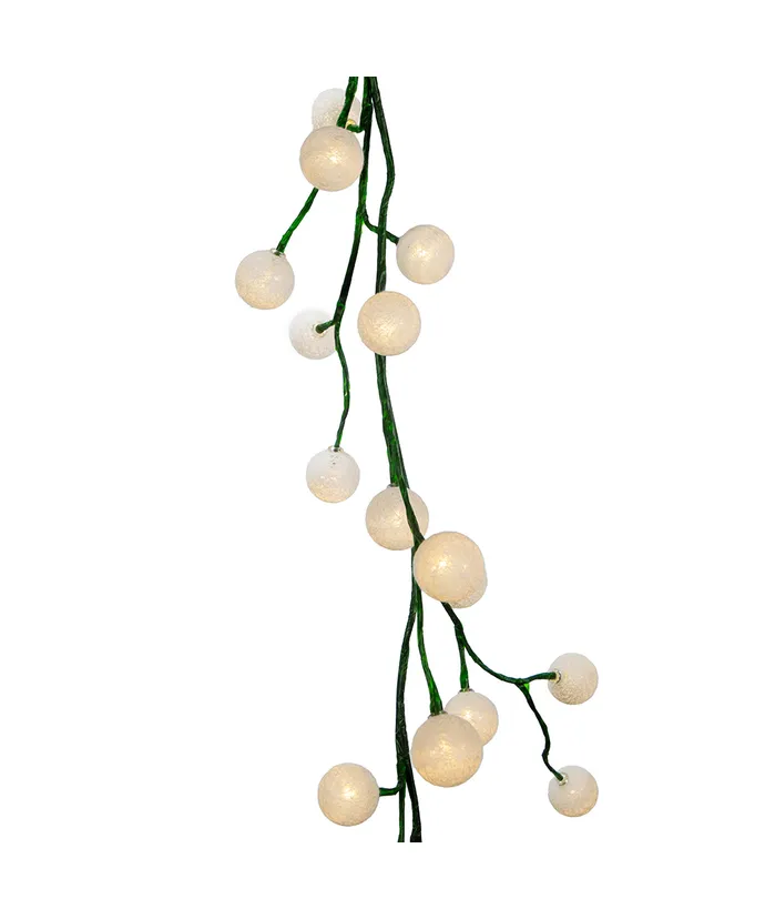 Kurt S. Adler - 6' 48-Light White Cotton Balls With Warm White LED Lights Green Vine Garland - Image 2
