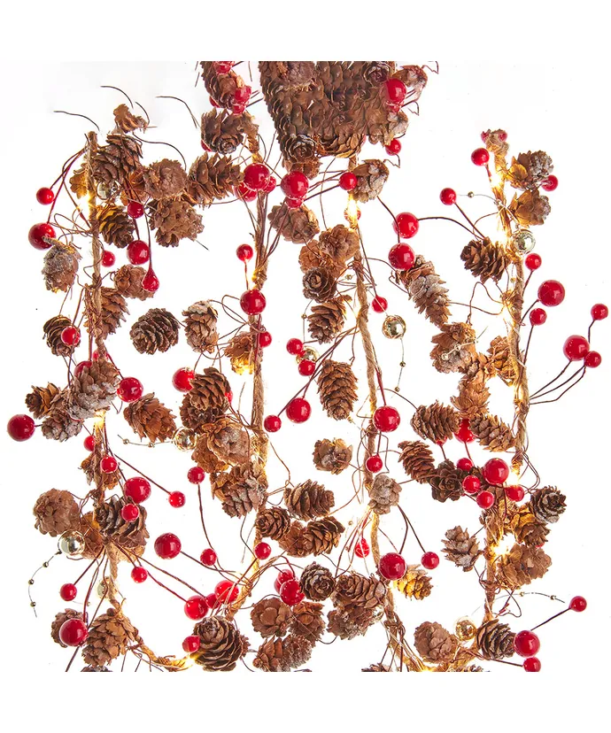 Kurt S. Adler - 6' Battery Operated 36-Light Warm White Fairy LED Natural Pinecone & Red Berry Vine Garland