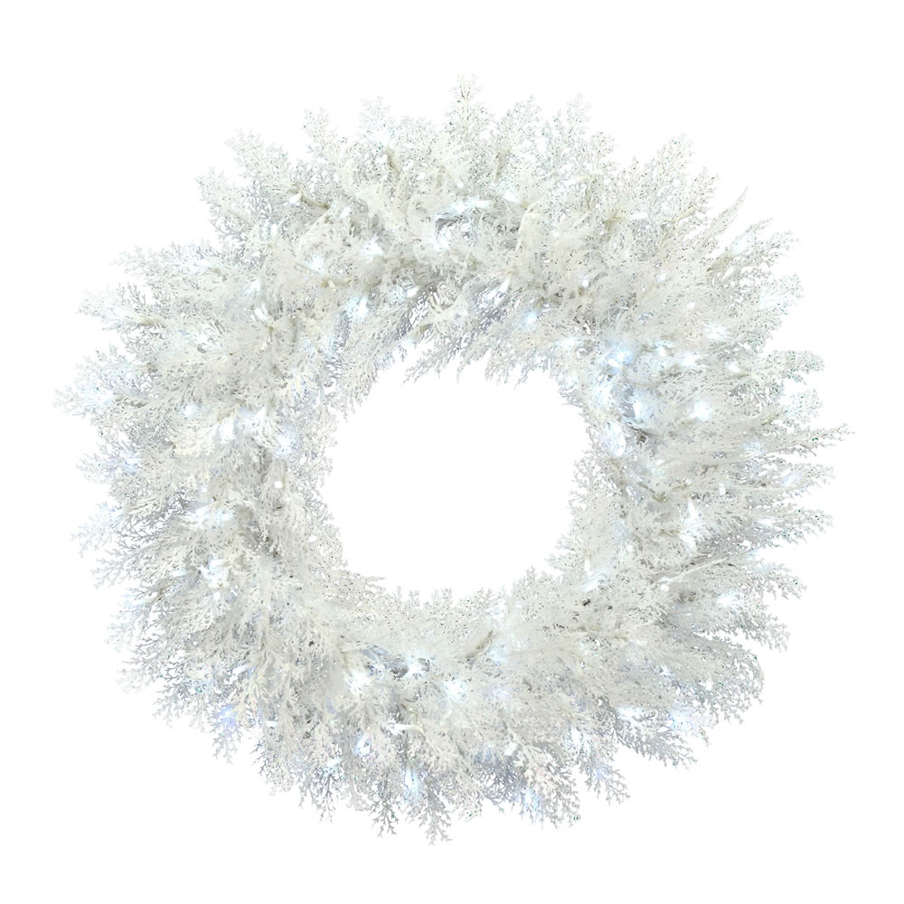 Vickerman - Flocked Cedar Pine Artificial Christmas Wreath, Pure White Low Voltage LED Wide Angle Lights