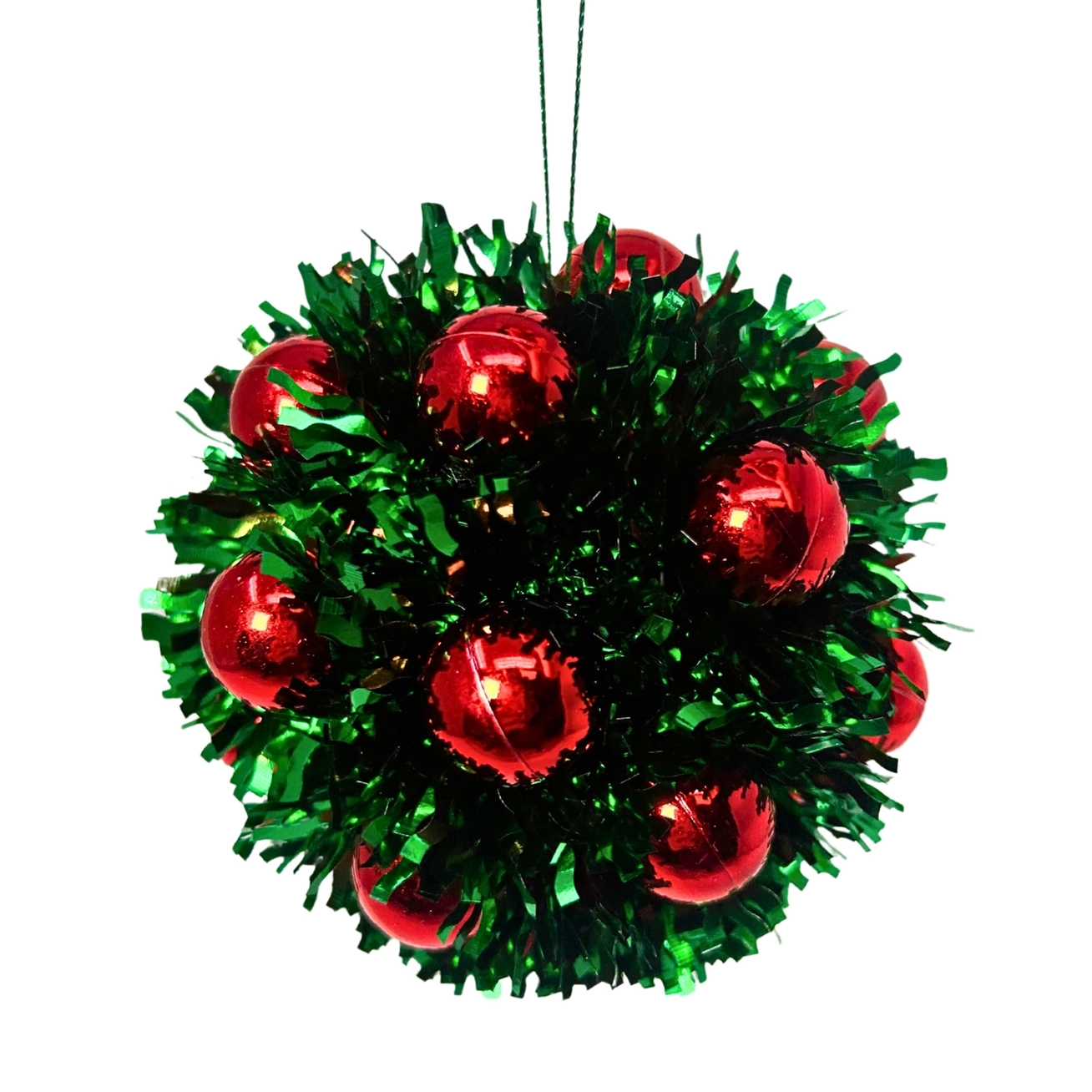 Emerald Metallic Tinsel Mini Red Ball Ornament - 6.25”