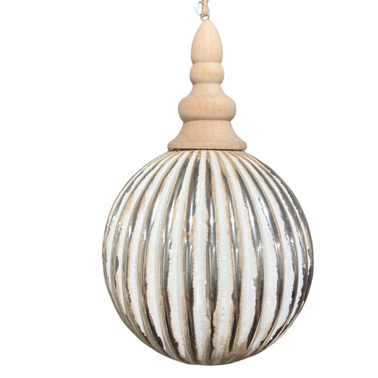 Weathered Glass Ball with Wood Top Ornament, Silver/White - 6.5''