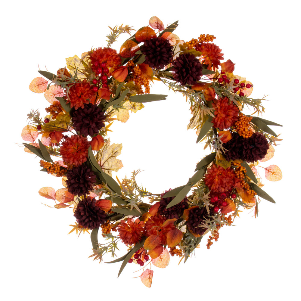 Vickerman - Orange and Burgundy Artificial Mixed Mum Chinese Lantern, and Berry Wreath