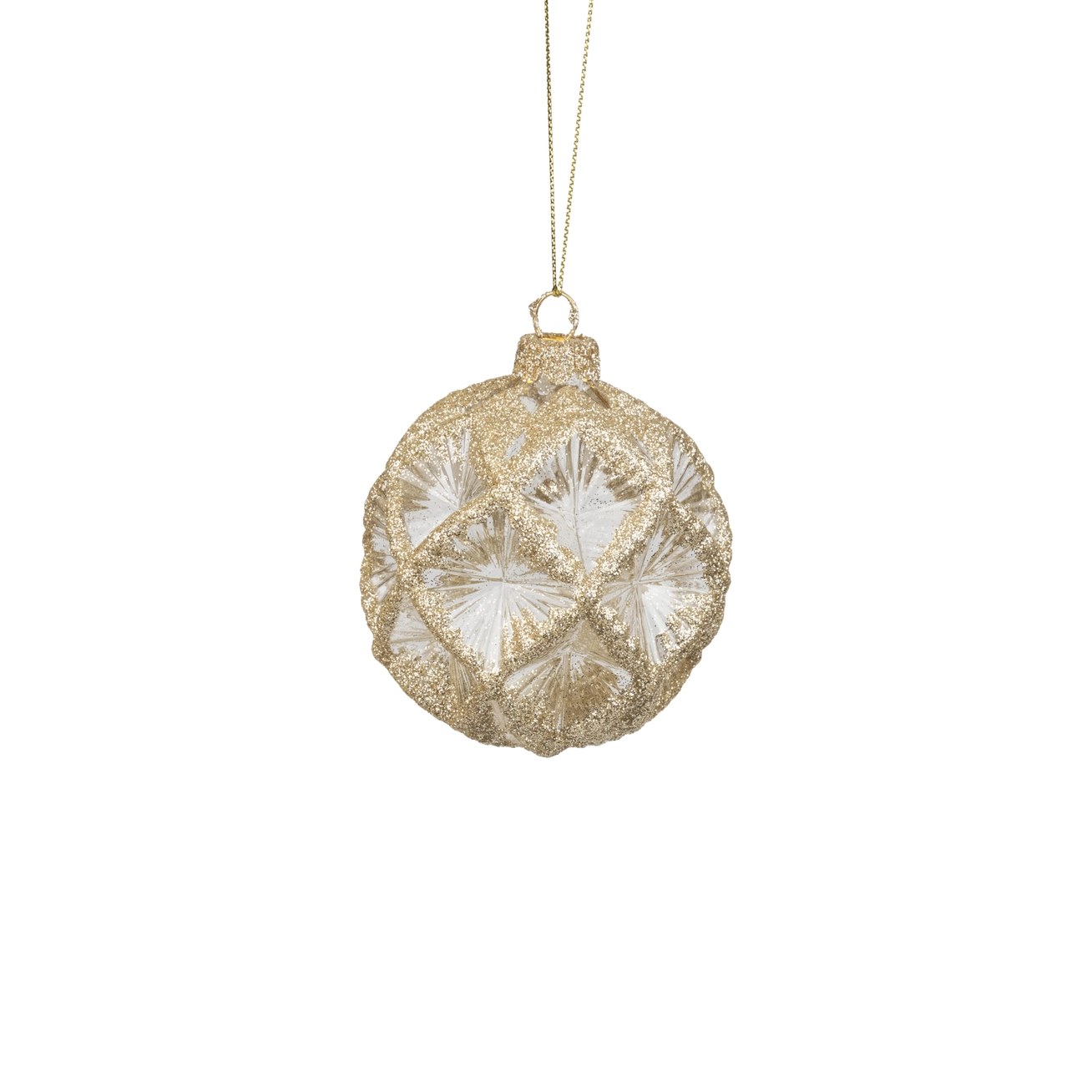 Molded Glass Ball Ornament with Glittered Ridges, 3" - Clear/Pale Gold