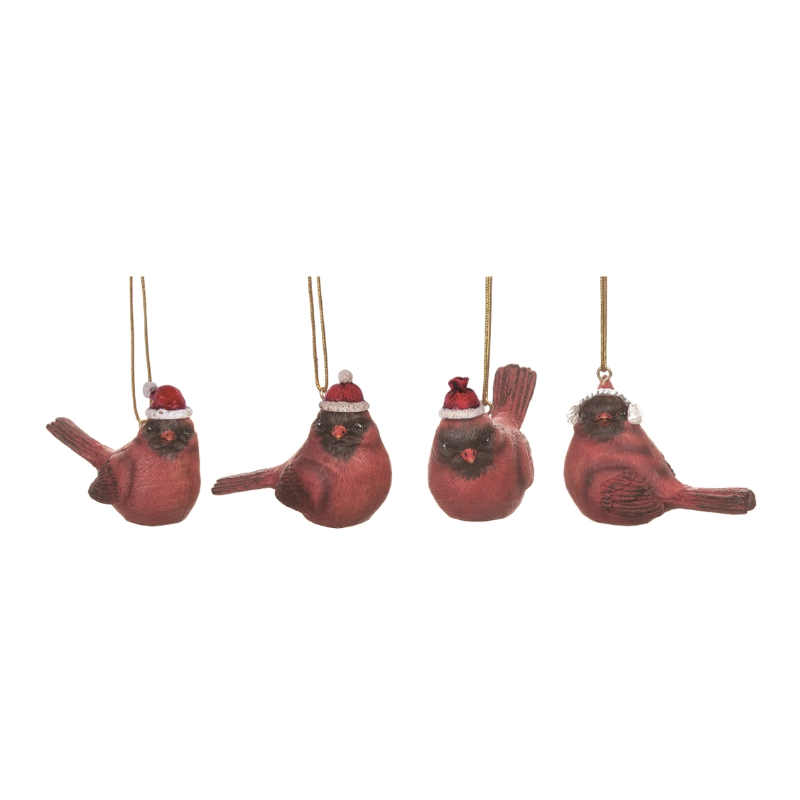 Christmas Resin Cardinal W/Santa Hat Ornament Set 4
