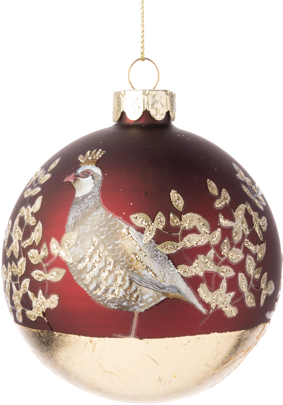 Matte Paint Glass Ball with Partridge Glittered Gold Leaf Ornament, 3" - Burgundy