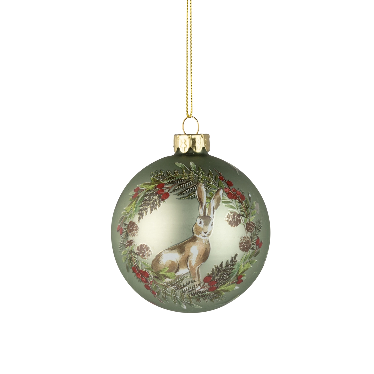 Glass Ball Ornament with Hare in Berry Wreath Motif, 3" - Pale Green