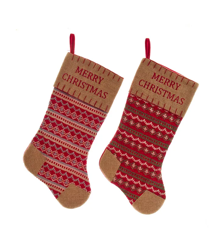 Kurt S. Adler - Tan, Red and White Knit and Burlap Stocking