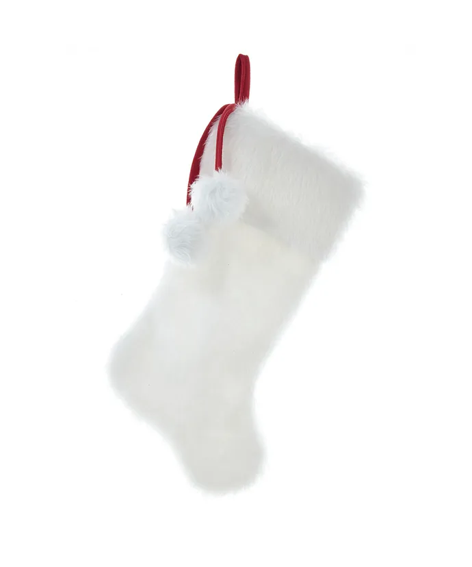 Kurt S. Adler - White Faux Fur Stocking With Pom Poms