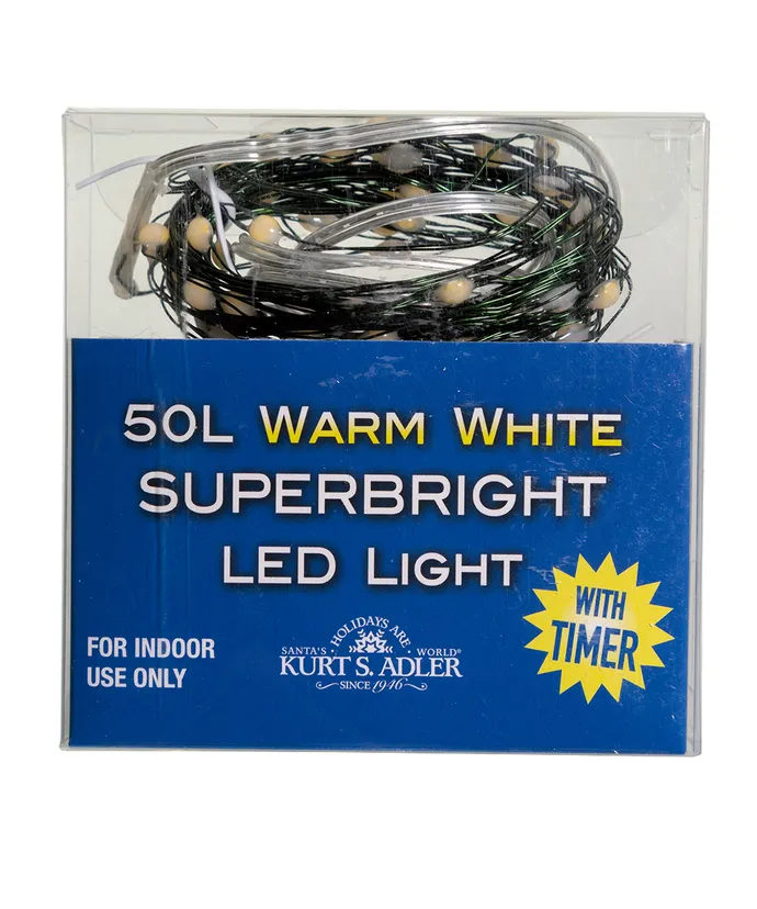 Kurt S. Adler - 18.3' Battery Operated 50-Light Warm White Superbright LED Green Wire Light Set - Image 3