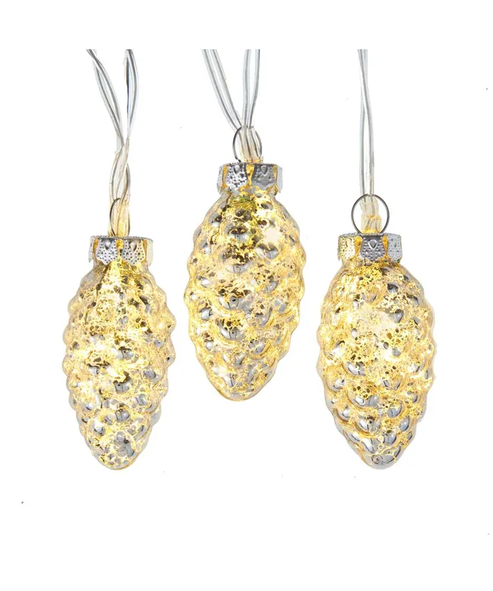 Kurt S. Adler - 5.4' 10-Light USB Battery-Operated Warm White LED Silver Glass Pinecone Light Set
