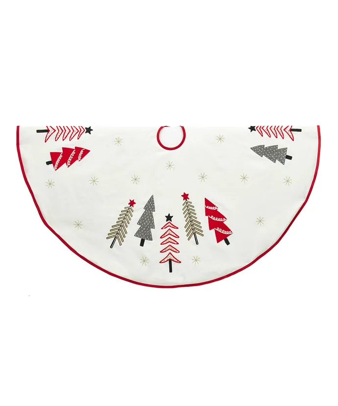 Kurt S. Adler - 50" Ivory, Green and Red Tree Embroidered Tree Skirt