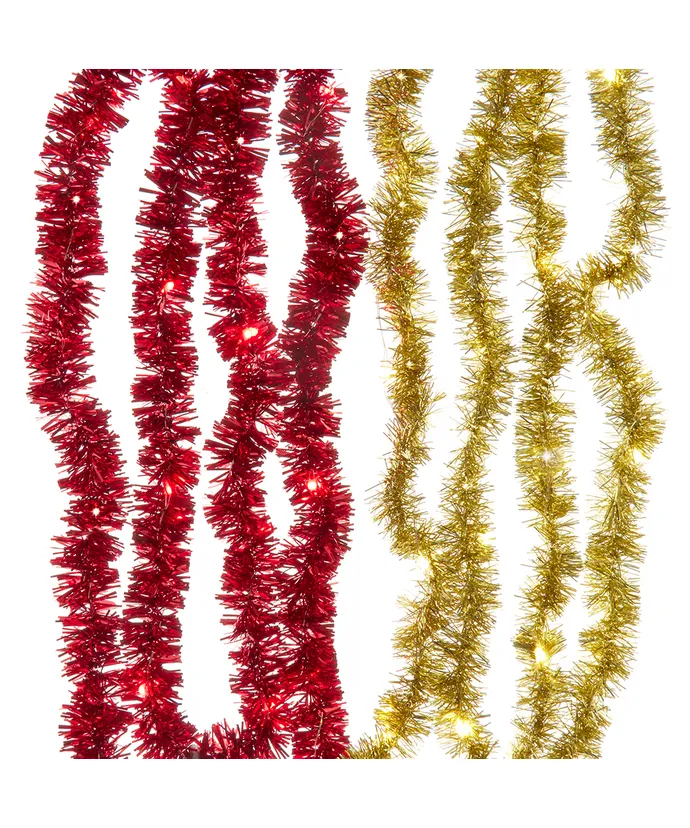 Kurt S. Adler - 6' Battery Operated 20-Light Red & Gold Superbright LED Tinsel Garlands, 2 Assorted