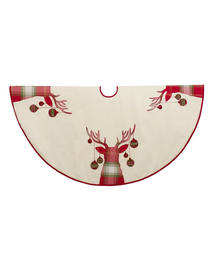 Kurt S. Adler - 60" Ivory Dupion With Reindeer Applique Embroidered Tree Skirt