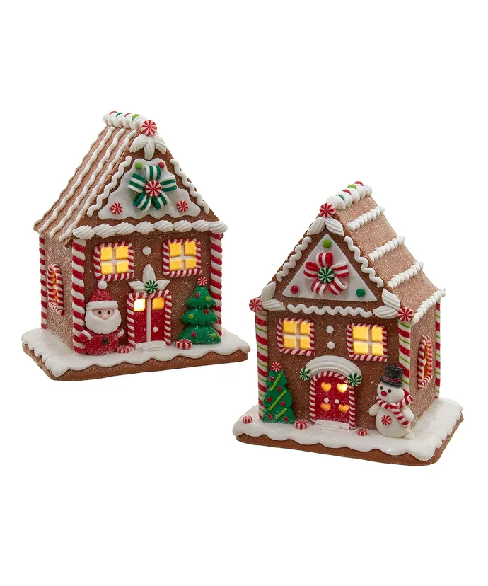 Kurt S. Adler - 8" Battery Operated LED Gingerbread House With Santa & Snowman, 2 Assorted