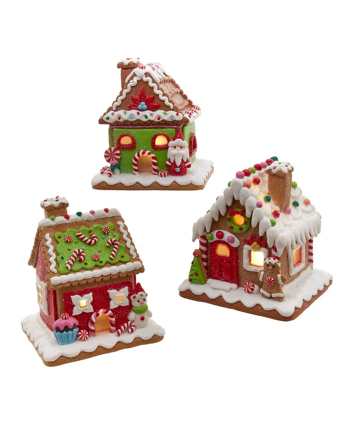 Kurt S. Adler - Battery Operated LED Red, White & Green Gingerbread House Table Pieces, 3 Assorted