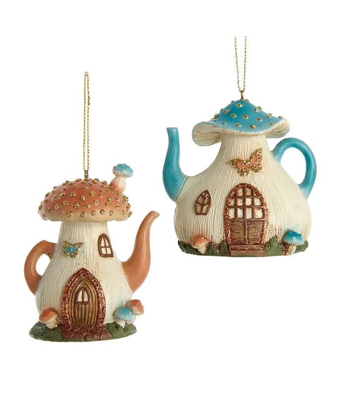 Kurt S. Adler - Teapot Mushroom House Ornaments, 2 Assorted