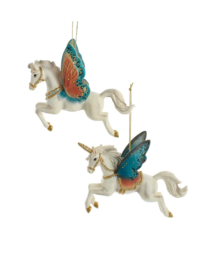 Kurt S. Adler - Unicorn & Pegasus With Butterfly Wings Ornaments, 2 Assorted