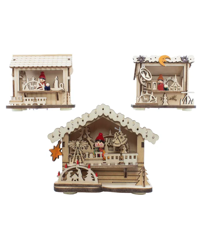 Kurt S. Adler - Battery-Operated LED Light-Up Wooden House Table Pieces, 3 Assorted