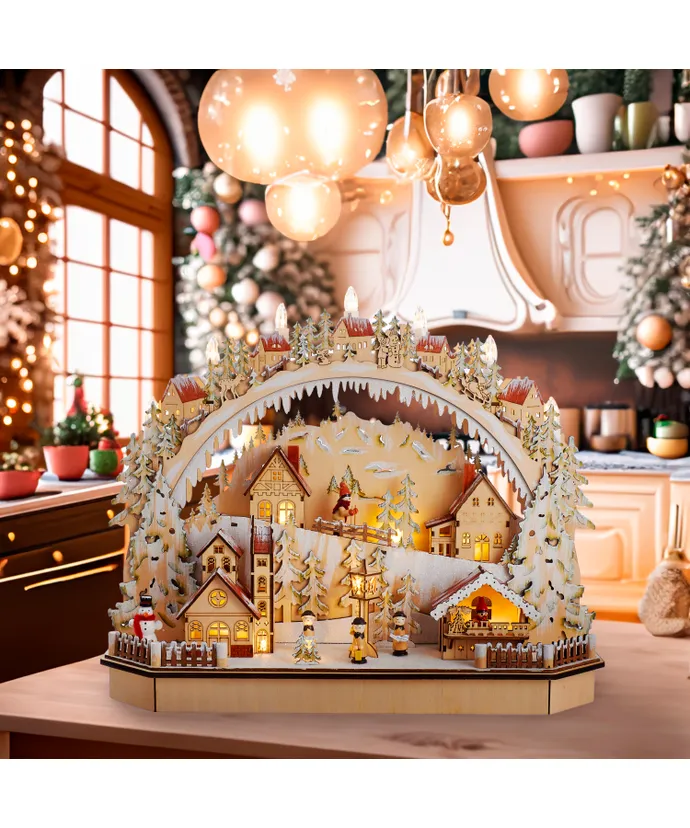 Kurt S. Adler - Battery-Operated Lighted LED Wooden Village House With Ice Skiers