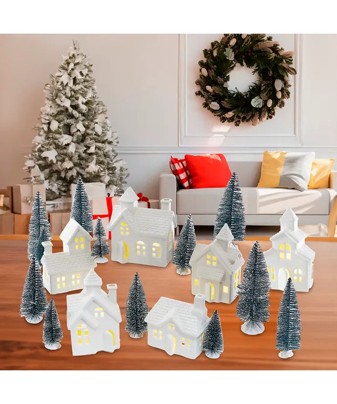 Kurt S. Adler - Battery Operated Porcelain Lighted Houses, Trees & Candles, 24-Piece Set